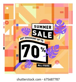 Summer sale beautiful web banner. Fashion and travel discount. Vector holiday illustration with special offers and promotions.