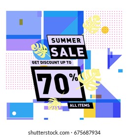 Summer sale beautiful web banner. Fashion and travel discount. Vector holiday illustration with special offers and promotions.