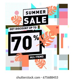 Summer sale beautiful web banner. Fashion and travel discount. Vector holiday illustration with special offers and promotions.