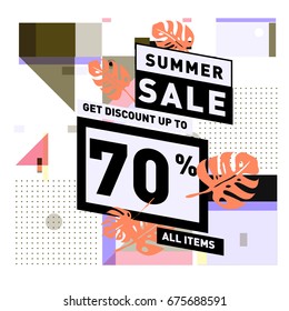 Summer sale beautiful web banner. Fashion and travel discount. Vector holiday illustration with special offers and promotions.