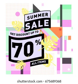 Summer sale beautiful web banner. Fashion and travel discount. Vector holiday illustration with special offers and promotions.