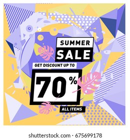Summer sale beautiful web banner. Fashion and travel discount. Vector holiday illustration with special offers and promotions.