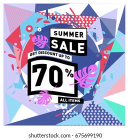 Summer sale beautiful web banner. Fashion and travel discount. Vector holiday illustration with special offers and promotions.