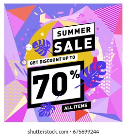 Summer sale beautiful web banner. Fashion and travel discount. Vector holiday illustration with special offers and promotions.