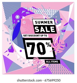 Summer sale beautiful web banner. Fashion and travel discount. Vector holiday illustration with special offers and promotions.