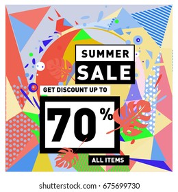 Summer sale beautiful web banner. Fashion and travel discount. Vector holiday illustration with special offers and promotions.