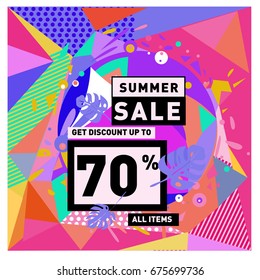 Summer sale beautiful web banner. Fashion and travel discount. Vector holiday illustration with special offers and promotions.