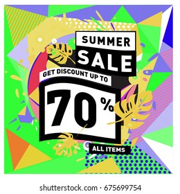 Summer sale beautiful web banner. Fashion and travel discount. Vector holiday illustration with special offers and promotions.