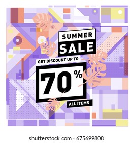 Summer sale beautiful web banner. Fashion and travel discount. Vector holiday illustration with special offers and promotions.