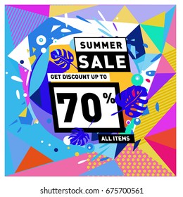 Summer sale beautiful web banner. Fashion and travel discount. Vector holiday illustration with special offers and promotions.