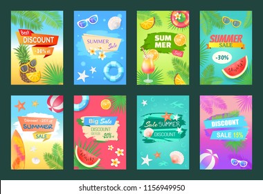 Summer sale best discount set of posters vector. Pineapple and slice of watermelon, surfing board with sunglasses. Shells conches and starfishes offer