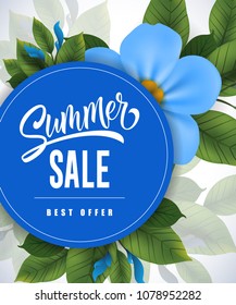 Summer sale Best offer lettering. Shopping inscription with summer flower. Handwritten text, calligraphy. Can be used for greeting cards, posters and leaflets