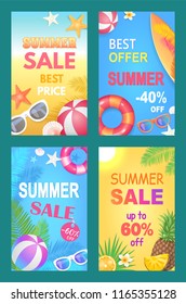 Summer sale best price set of posters vector. Seasonal proposition and sell out. Sunglasses accessory and lifebuoy saving ring, ball and pineapple