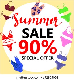 Summer sale, big discounts. Flyer template, hand drawn banner. Vector illustration.