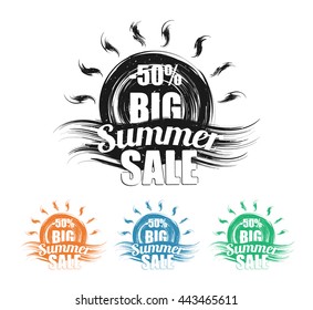 Summer sale black grunge stamp set. Stylized sun and wave symbol on white, Vector illustration.