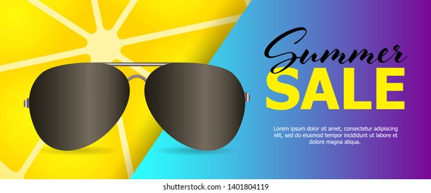 Summer sale blue banner design with lemon and sunglasses. Vector illustration can be used for posters, flyers, signs