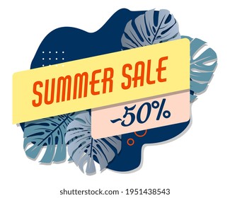 Summer sale blue banner template. Liquid abstract geometric bubble with tropic leaves. Tropical background, promo badge for seasonal offer, promotion, advertising