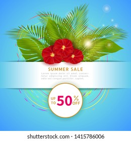 Summer sale, blue discount web banner with 50% off text, palm leaves, red flowers and sun. Vector illustration template
