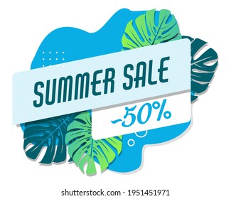 Summer sale blue and green banner template. Liquid abstract geometric bubble with tropic leaves. Tropical background, promo badge for seasonal offer, promotion, advertising