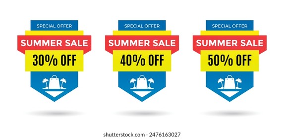 Summer sale blue labels set. Sale 30%, 40%, 50%, off discount. Vector illustration