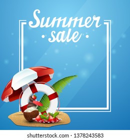 Summer sale, blue template for your arts with frame, place for text, coconut ice cream cocktail, beach umbrella, fruit, palm leaves and lifeline