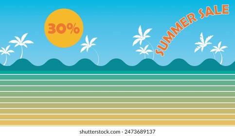 Fondo brillante de la venta del verano con las palmeras blancas, las olas del mar, el texto del descuento y el gradiente ground.Sunny día por el océano, cielo azul claro y los tonos cálidos. Ilustración vectorial