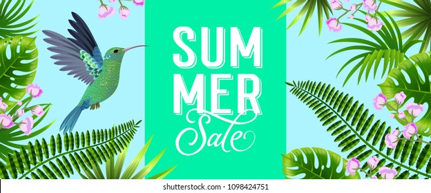 Summer sale bright banner design with tropical leaves, lilac flowers and hummingbird. Text can be used for poster, labels, brochures.