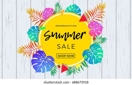 Summer sale bright banner for seasonal shopping 50% discount and online shop web template. Vector promo flyer design of watermelon, strawberry berry and orange fruit on tropical palm leaf background.