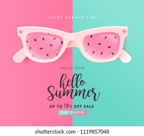 Summer sale bright Color background layout banners .Watermelon sunglasses concept.voucher discount.Vector illustration template.