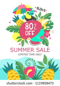 Summer sale. Bright colorful advertising poster. Cheerful Toucan with colorful umbrella, tropical leaves and fruit. 80 percent discount on everything. Illustration in cartoon style.