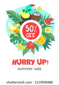 Summer sale. Bright colorful advertising poster. Cheerful Toucan with coconut cocktail, tropical leaves and fruit. 50 percent discount on everything. Illustration in cartoon style.