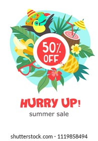 Summer sale. Bright colorful advertising poster. Cheerful Toucan, tropical leaves and fruit. 50 percent discount on everything. Illustration in cartoon style.