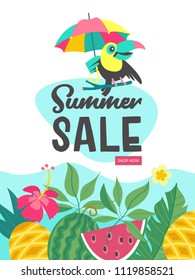 Summer sale. Bright colorful advertising poster. Cheerful Toucan with colorful umbrella, tropical leaves and fruit. 50 percent discount on everything. Illustration in cartoon style.