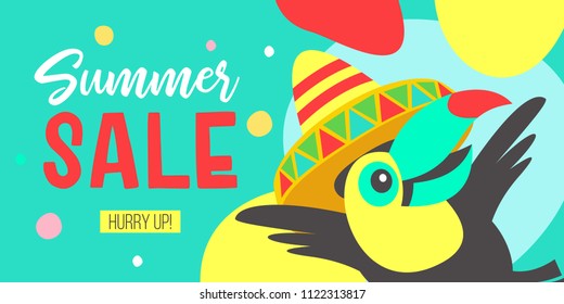 Summer sale. Bright colorful advertising poster. Cheerful Toucan in a Mexican hat invites you to a sale. Illustration in cartoon style