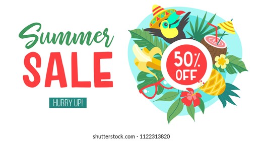 Summer sale. Bright colorful advertising poster in tropical style. Exotic fruits,flowers, tropical leaves, coconut cocktail. Cheerful Toucan in a Mexican hat invites you to a sale. 