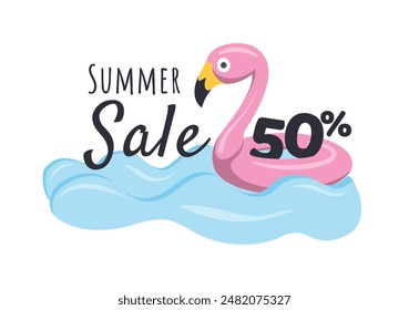 Summer Sale. Bright illustration with flamingo water circle and discount. Vector image for advertising, announcement, banner