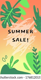 Summer sale bright poster or coupon template with tropical plants leaves in bright colors, flat vector illustration for social network promo stories, posts or invitations or flyers.