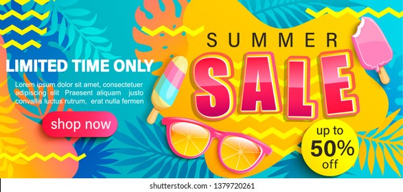 Summer Sale bright poster, hot season discount banner with tropical leaves,ice cream, sunglasses.Invitation for online shopping with 50 percent price off, special offer card,template for design.Vector