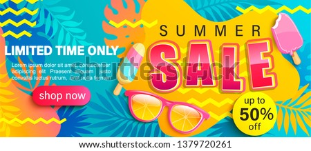 Summer Sale bright poster, hot season discount banner with tropical leaves,ice cream, sunglasses.Invitation for online shopping with 50 percent price off, special offer card,template for design.Vector