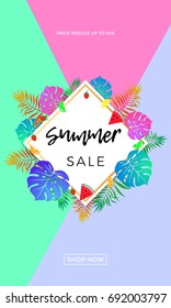 Summer sale bright poster or web banner for seasonal shopping discount and online shop promo sale design template. Vector summertime watermelon, orange fruit and strawberry on palm leaf background.