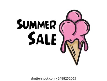 Summer Sale. Bright vector drawing of melting ice cream in a waffle cup. Simple illustration for the design of a promotion, discount, advertising, announcement, banner