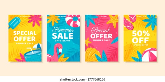 Summer sale brochure in flat design, concept of summer vacation, cover template for flyer, poster and web banner ad use