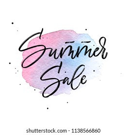 Summer sale brush lettering on violet watercolor stain. Vector illustration. Artistic calligraphy.