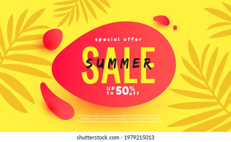 Summer sale bubble banner with fresh palm leaves for social networks, poster, advertisements, marketing advertising. Tropical background. Vector illustration