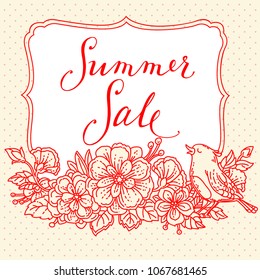 Summer sale calligraphy lettering vector text phrase handwritten by pen bird and flower elements design for poster and banner