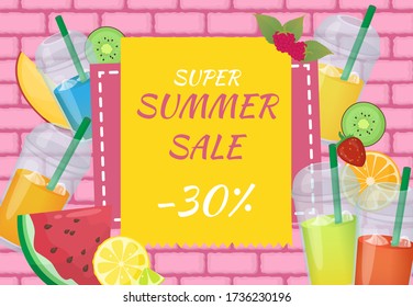 Summer sale card or banner with different fruits and juices. Summer sale illustration. Vector.