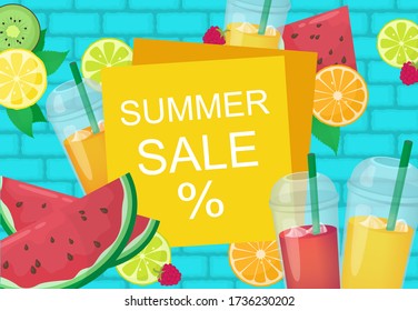 Summer sale card or banner with different fruits and juices. Summer sale illustration. Vector.