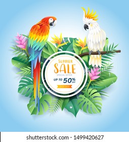 Summer sale card with cockatoo and scarlet macaw on tropical leaf flowers paper cut background. Vector illustration