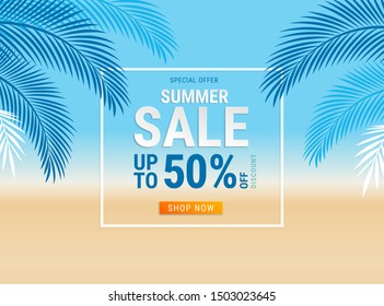 Summer sale card with coconut leaf on the beach background. Vector illustration