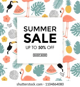 Summer sale card with cute summer themed illustrations ideal for shops with promotional products for the summer